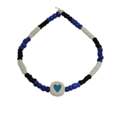Pulseira Missanga Coração Azul, Preto e Branco